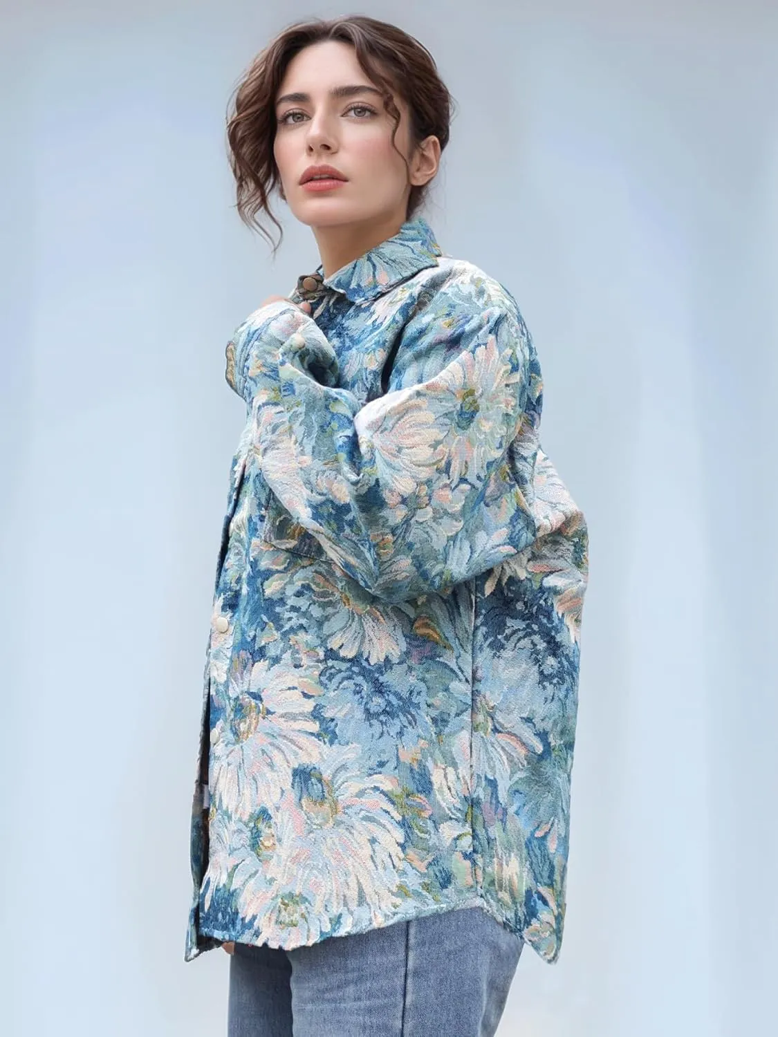 Casual Shacket Floral Pattern Cute jacquard Loose Shirt Jacket Button Down Trendy Funky Coat Spring Fall Fancy Tops