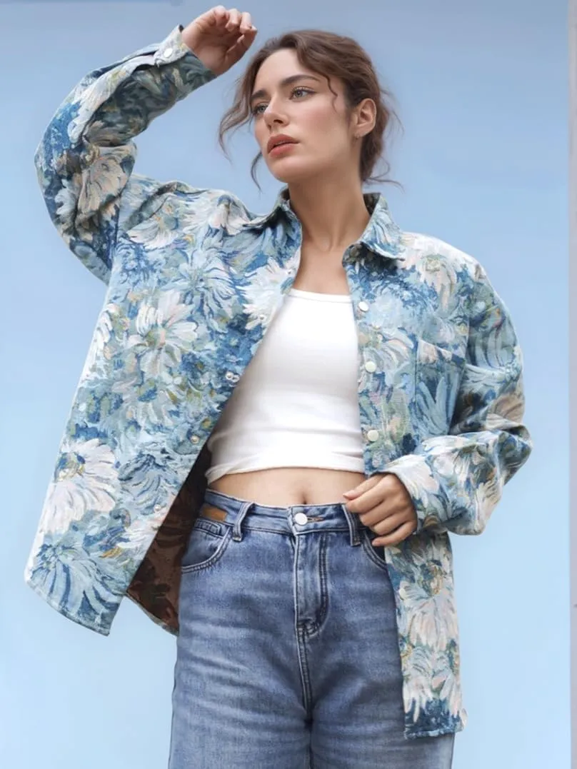 Casual Shacket Floral Pattern Cute jacquard Loose Shirt Jacket Button Down Trendy Funky Coat Spring Fall Fancy Tops
