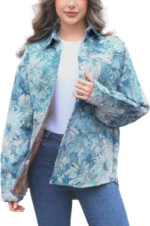 Casual Shacket Floral Pattern Cute jacquard Loose Shirt Jacket Button Down Trendy Funky Coat Spring Fall Fancy Tops