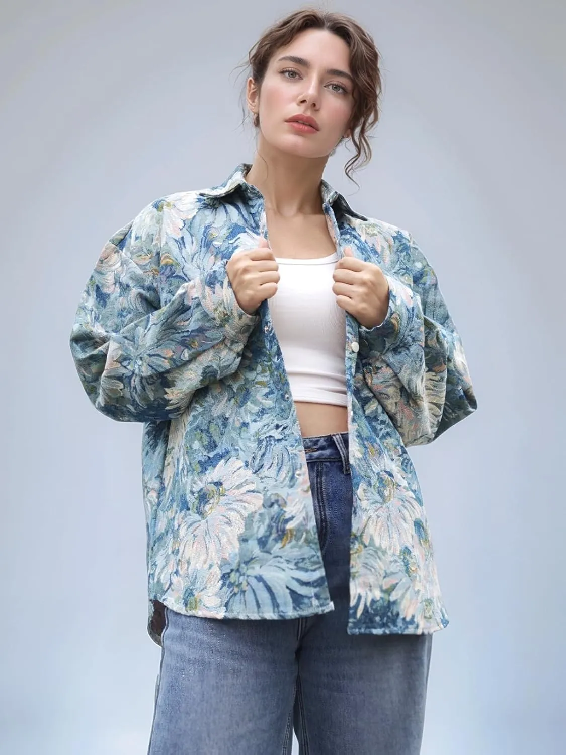 Casual Shacket Floral Pattern Cute jacquard Loose Shirt Jacket Button Down Trendy Funky Coat Spring Fall Fancy Tops