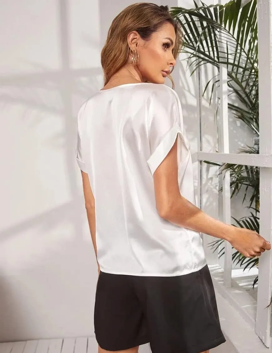 Chigant Women's Short Sleeve Satin Blouses Casual Loose Crewneck Silk Shirts Roll Up Sleeve Tunic Tops S-XXL