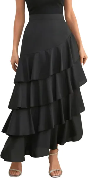chouyatou Women's Elegant Irregular Ruffle Hem Skirt Party Tiered Layered Maxi Long Skirt