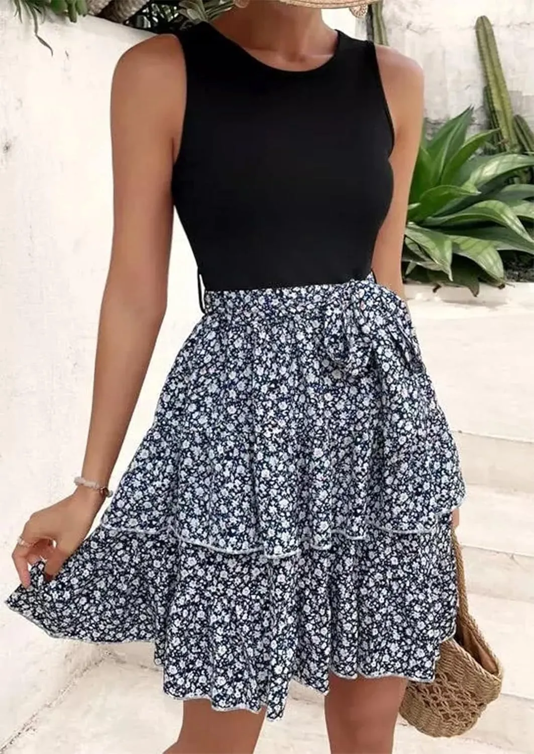 CHUNTIANRAN Square Neck Mini Dress Womens Ruched Bodycon Sleeveless Dresses Ruffle Tiered Flowy Swing Beach Mini Dress