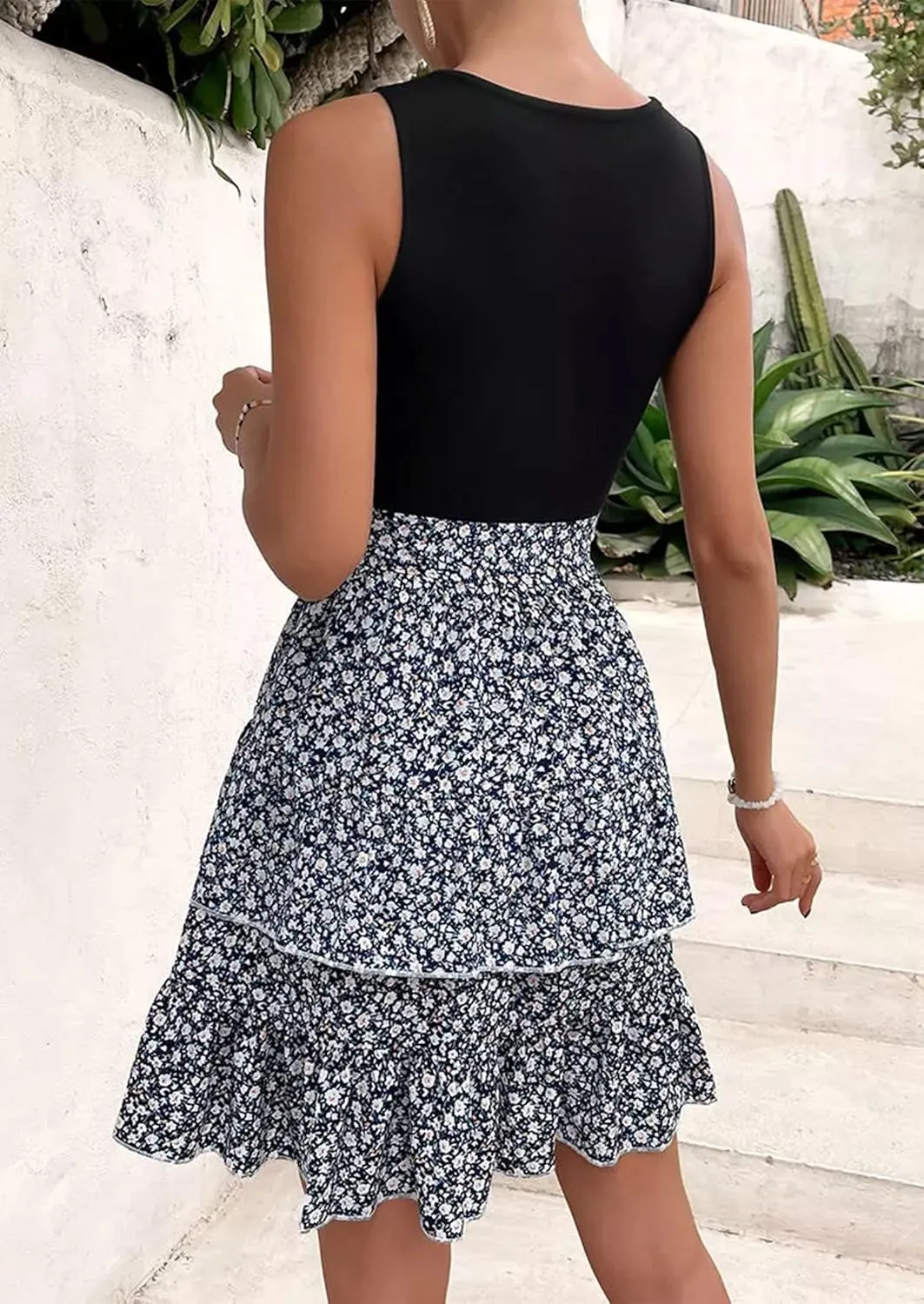 CHUNTIANRAN Square Neck Mini Dress Womens Ruched Bodycon Sleeveless Dresses Ruffle Tiered Flowy Swing Beach Mini Dress