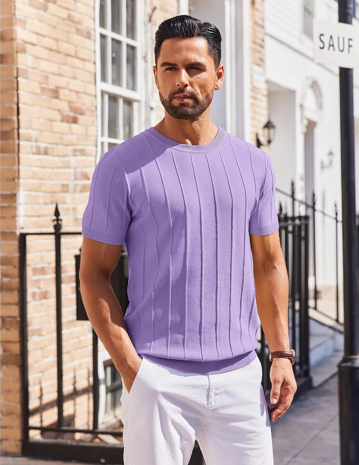 COOFANDY Men's T- Shirts Short Sleeve Knit Sweater Shirt Casual Crewneck Ribbed Pullover Tees