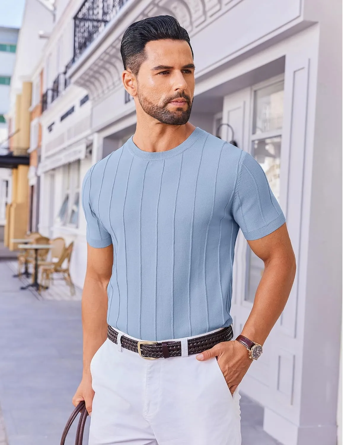 COOFANDY Men's T- Shirts Short Sleeve Knit Sweater Shirt Casual Crewneck Ribbed Pullover Tees