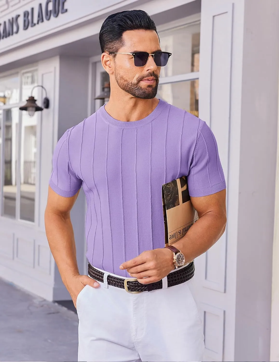 COOFANDY Men's T- Shirts Short Sleeve Knit Sweater Shirt Casual Crewneck Ribbed Pullover Tees