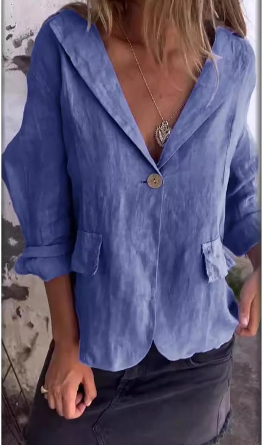 Cotton and Linen Casual Lapel Single-Button Thin Coat, Linen Blazer Women Lightweight 3/4 Sleeve Summer Lapel Jackets