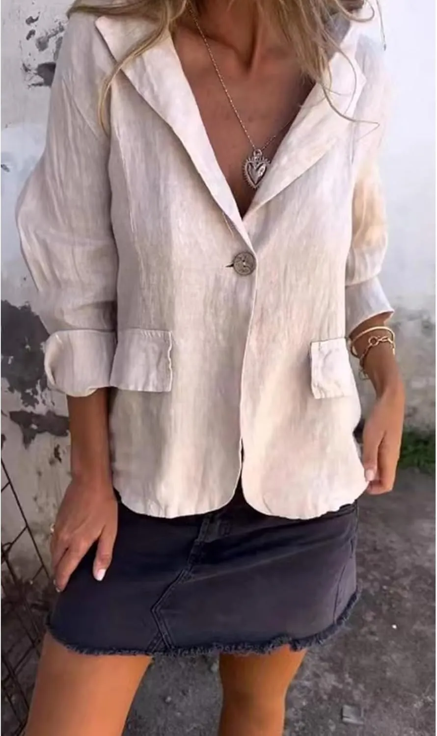 Cotton and Linen Casual Lapel Single-Button Thin Coat, Linen Blazer Women Lightweight 3/4 Sleeve Summer Lapel Jackets