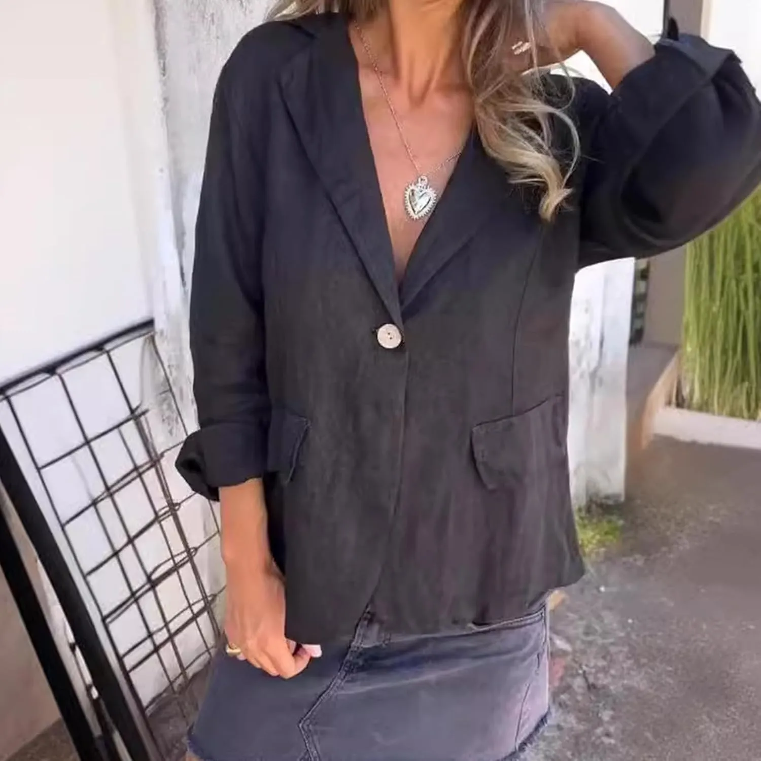 Cotton and Linen Casual Lapel Single-Button Thin Coat, Linen Blazer Women Lightweight 3/4 Sleeve Summer Lapel Jackets