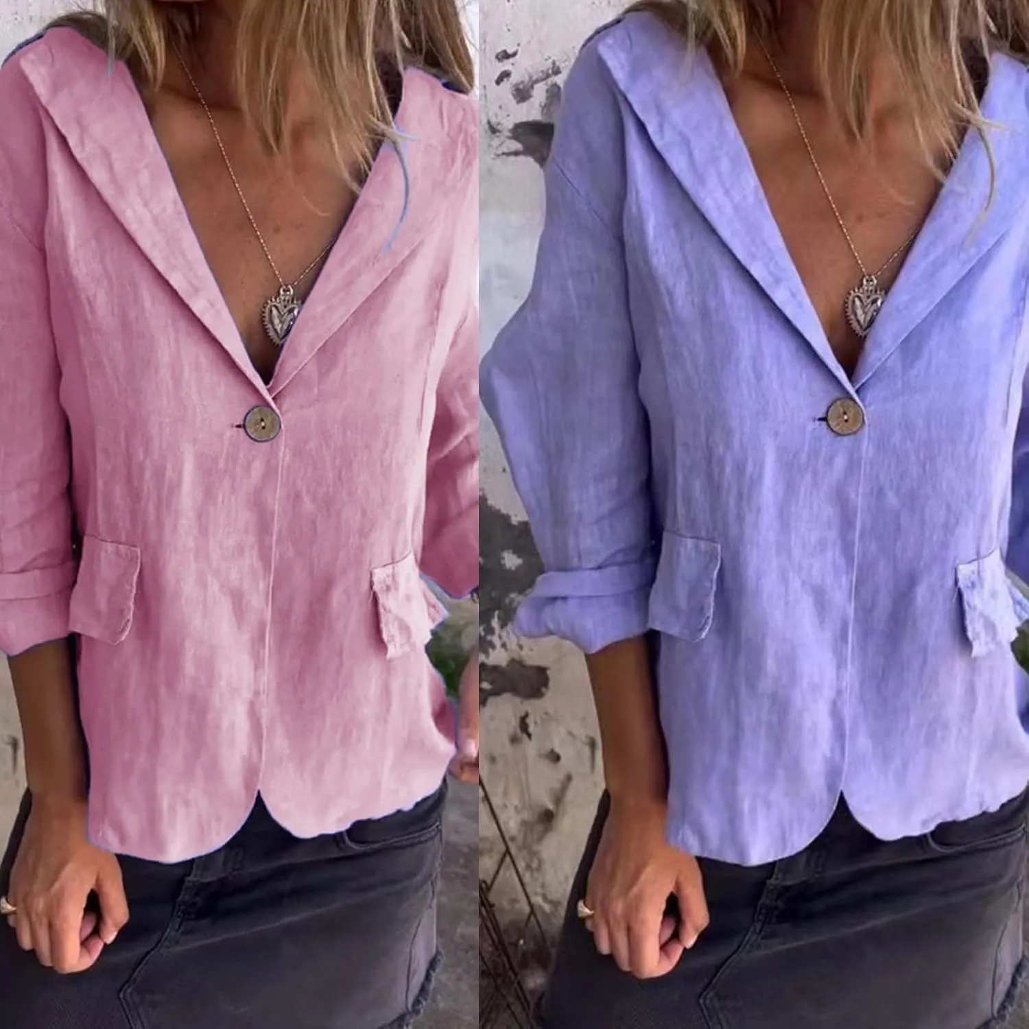 Cotton and Linen Casual Lapel Single-Button Thin Coat, Linen Blazer Women Lightweight 3/4 Sleeve Summer Lapel Jackets