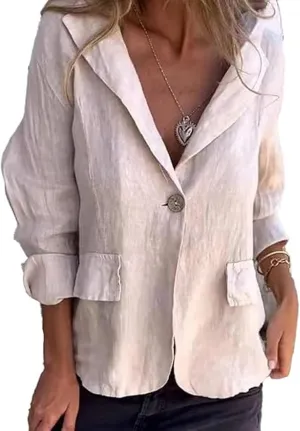 Cotton and Linen Casual Lapel Single-Button Thin Coat, Linen Blazer Women Lightweight 3/4 Sleeve Summer Lapel Jackets