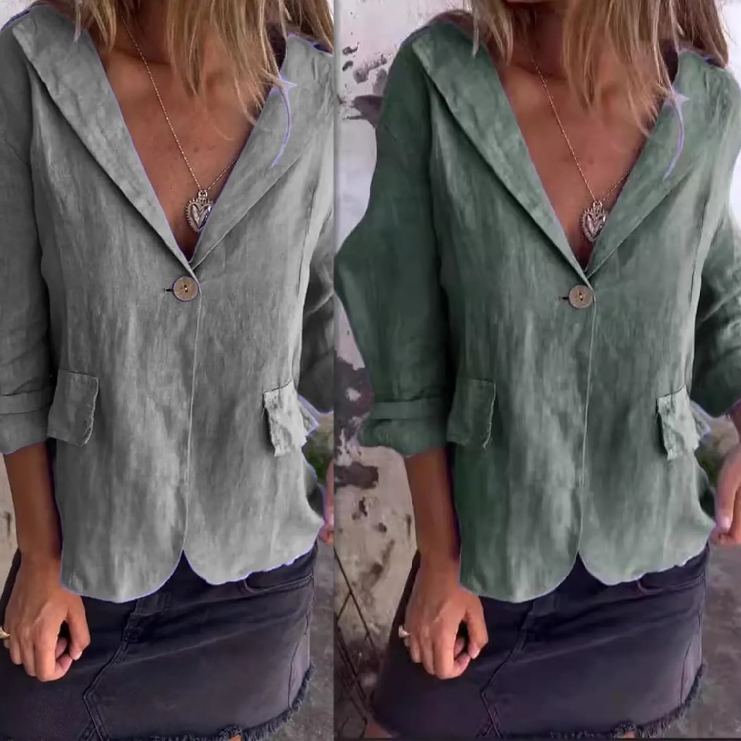 Cotton and Linen Casual Lapel Single-Button Thin Coat, Linen Blazer Women Lightweight 3/4 Sleeve Summer Lapel Jackets