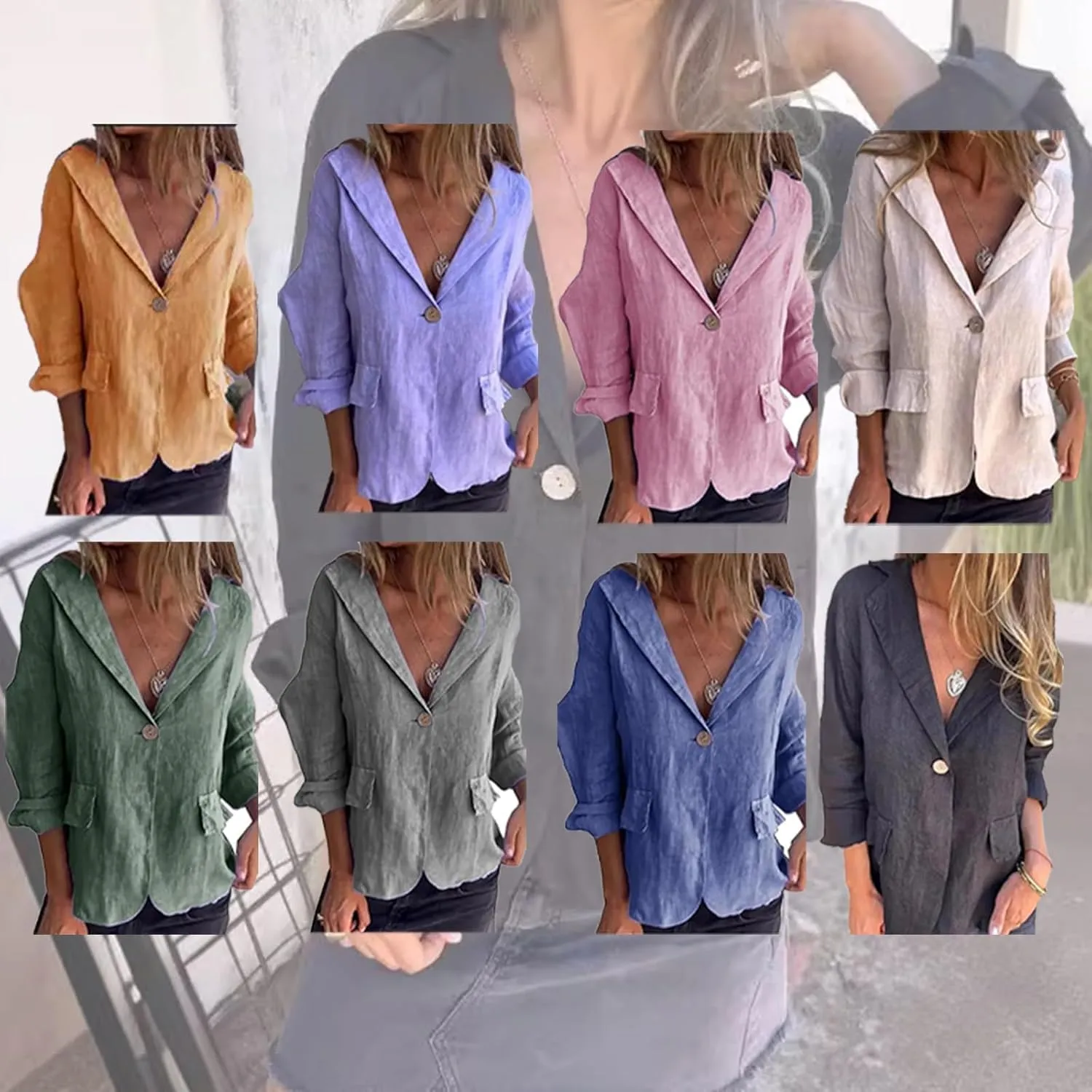 Cotton and Linen Casual Lapel Single-Button Thin Coat, Linen Blazer Women Lightweight 3/4 Sleeve Summer Lapel Jackets