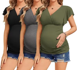 Ekouaer Women's Maternity Shirts 3 Packs Nursing Tops Flying Short Sleeve Breastfeeding Tees Side Ruched Pregnancy Clothes