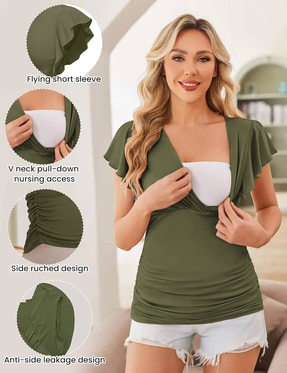 Ekouaer Women's Maternity Shirts 3 Packs Nursing Tops Flying Short Sleeve Breastfeeding Tees Side Ruched Pregnancy Clothes