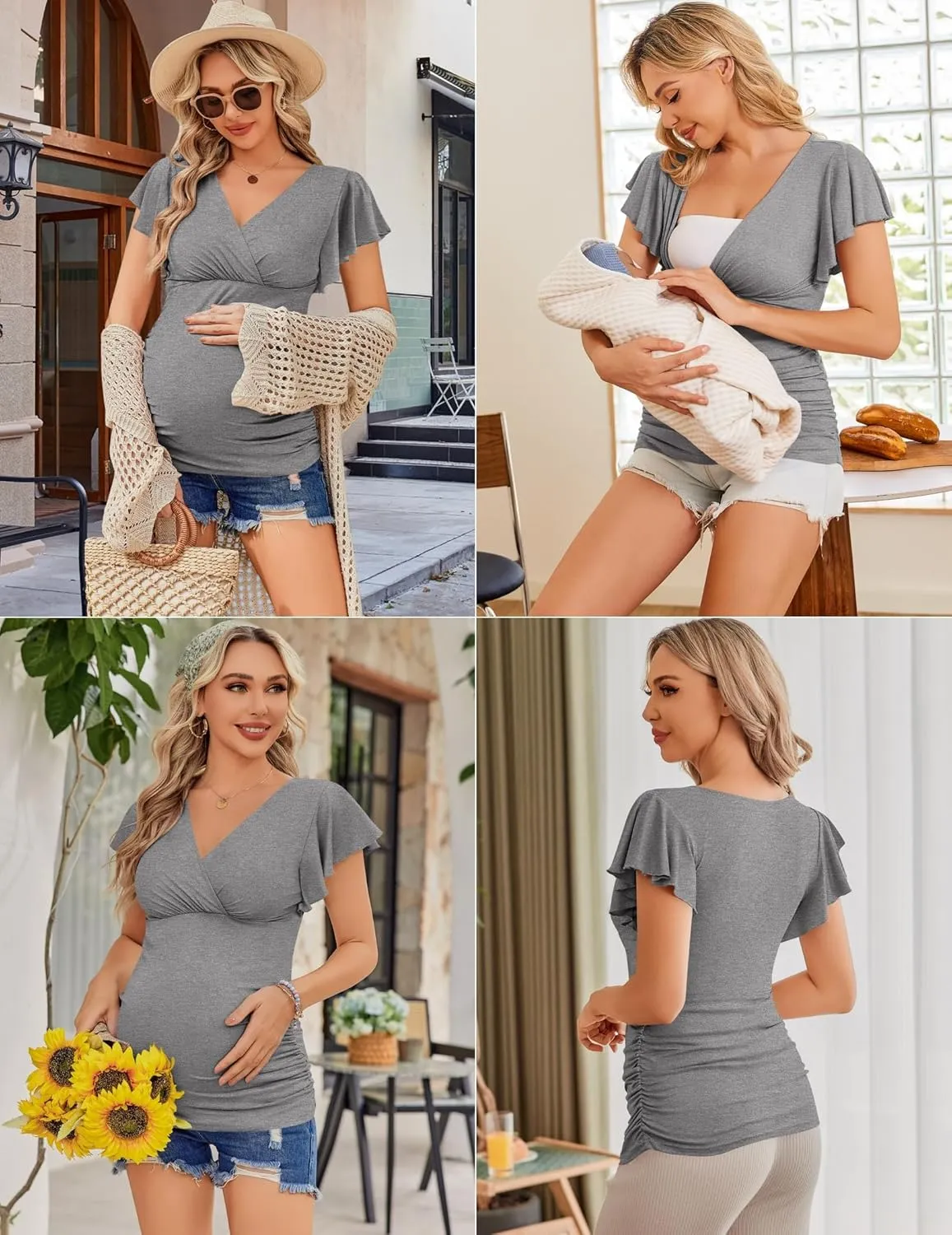 Ekouaer Women's Maternity Shirts 3 Packs Nursing Tops Flying Short Sleeve Breastfeeding Tees Side Ruched Pregnancy Clothes