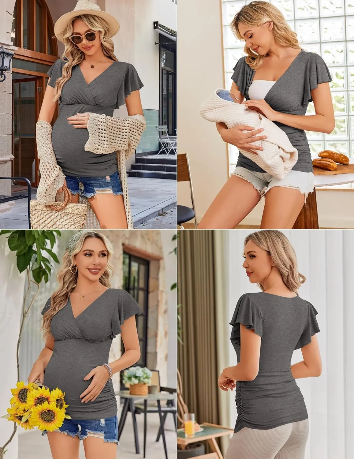 Ekouaer Women's Maternity Shirts 3 Packs Nursing Tops Flying Short Sleeve Breastfeeding Tees Side Ruched Pregnancy Clothes