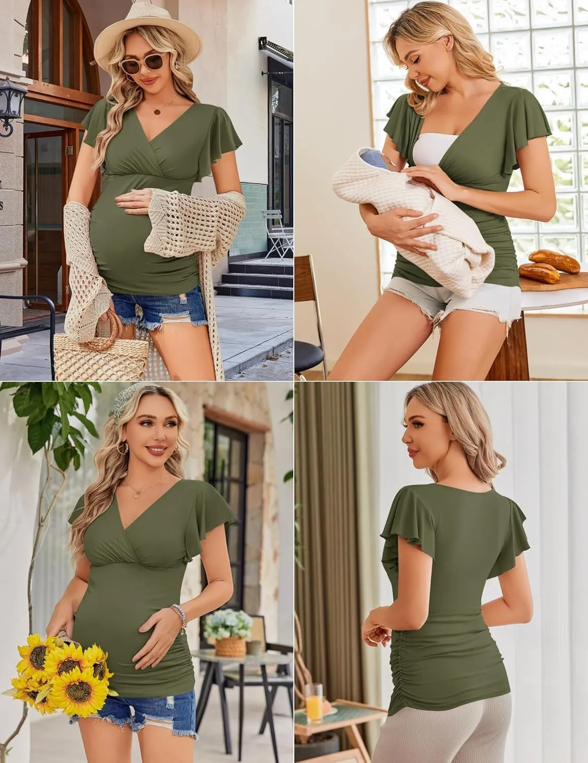 Ekouaer Women's Maternity Shirts 3 Packs Nursing Tops Flying Short Sleeve Breastfeeding Tees Side Ruched Pregnancy Clothes