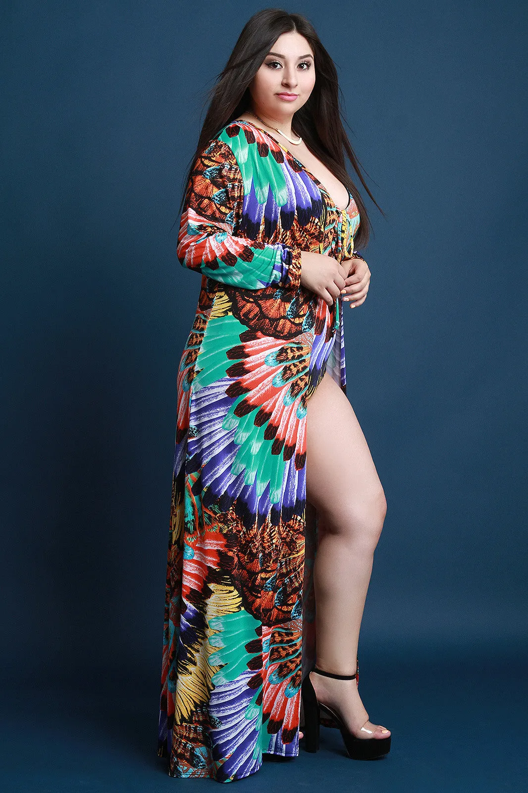 Exotic Feather Printed Floor Swept Cardigan