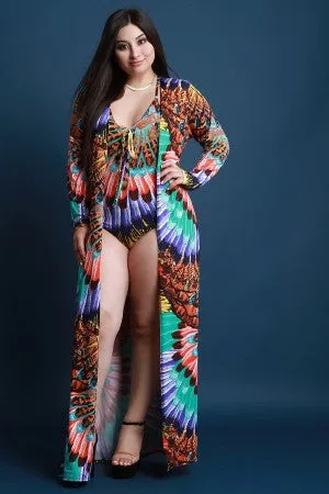 Exotic Feather Printed Floor Swept Cardigan