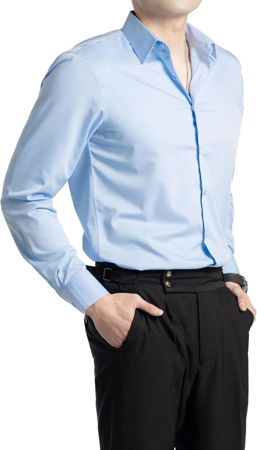 FAHIZO Men's Dress Shirt Regular Fit Soild Business Formal Long Sleeve Button Up Stretch Shirts