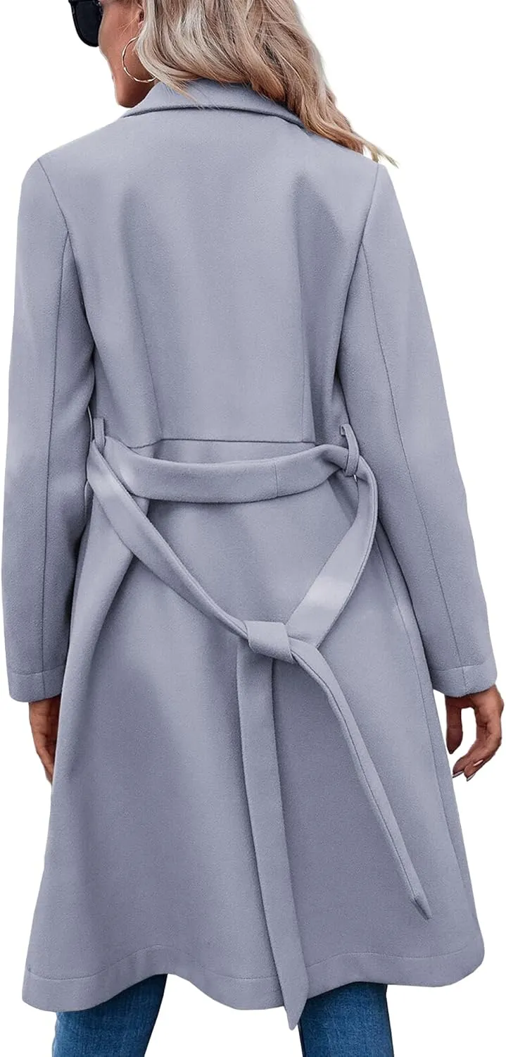 Fazortev Womens Pea Trench Coats Notched Lapel Double Breasted Belted Business Casual Jackets Outerwear