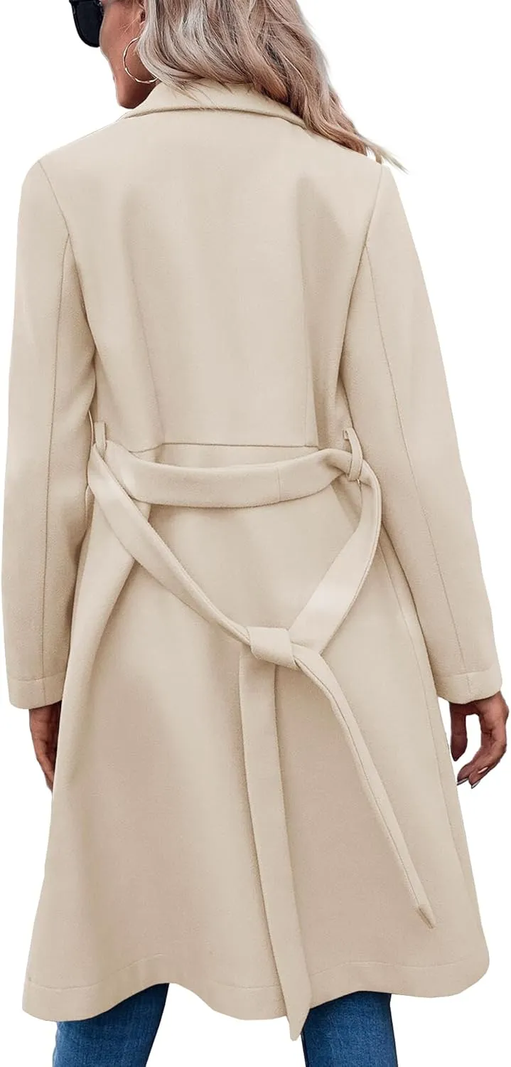 Fazortev Womens Pea Trench Coats Notched Lapel Double Breasted Belted Business Casual Jackets Outerwear