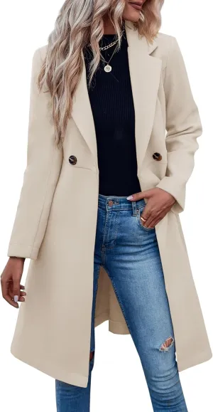 Fazortev Womens Pea Trench Coats Notched Lapel Double Breasted Belted Business Casual Jackets Outerwear
