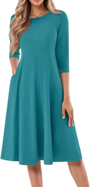 Formal Dresses for Women Casual Swing Midi Pleated A Line 3/4 Sleeve Summer