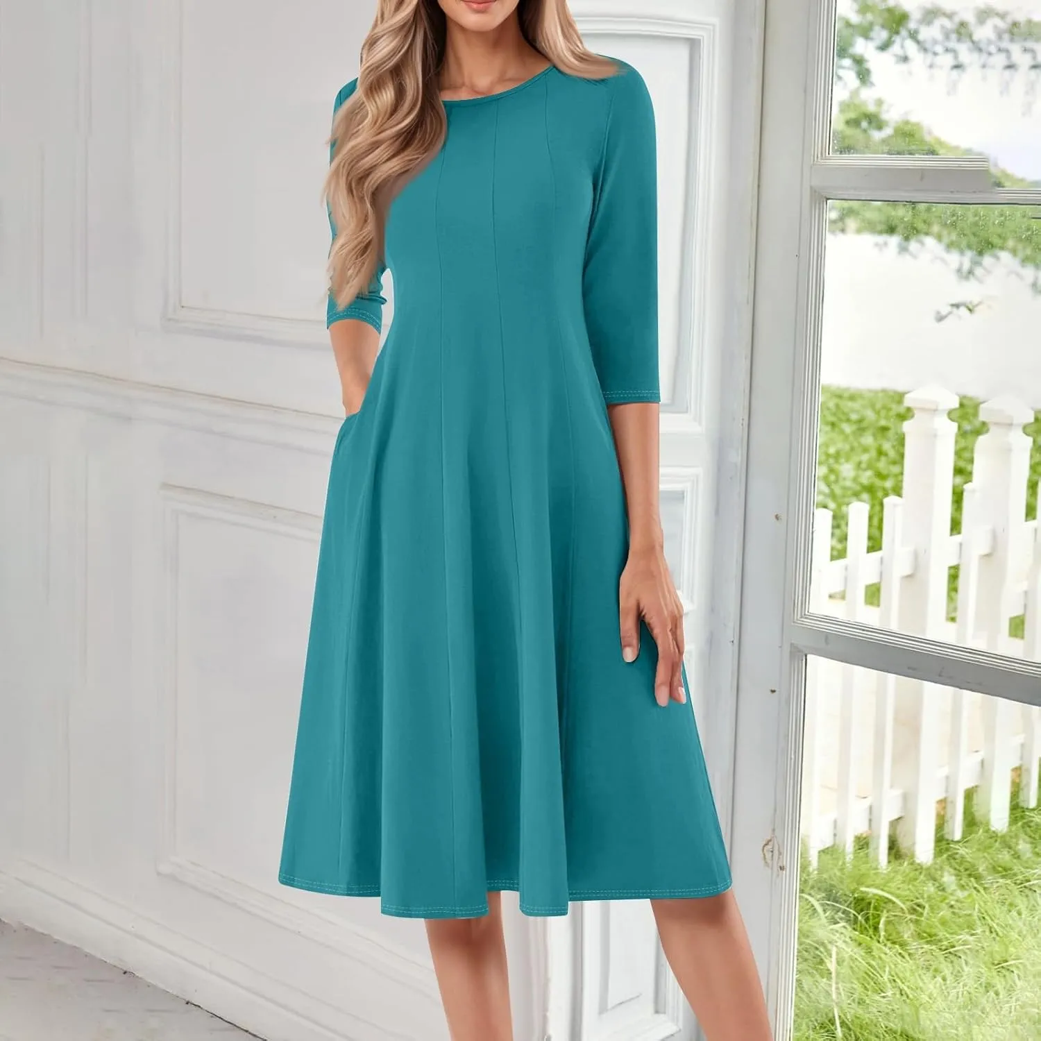 Formal Dresses for Women Casual Swing Midi Pleated A Line 3/4 Sleeve Summer