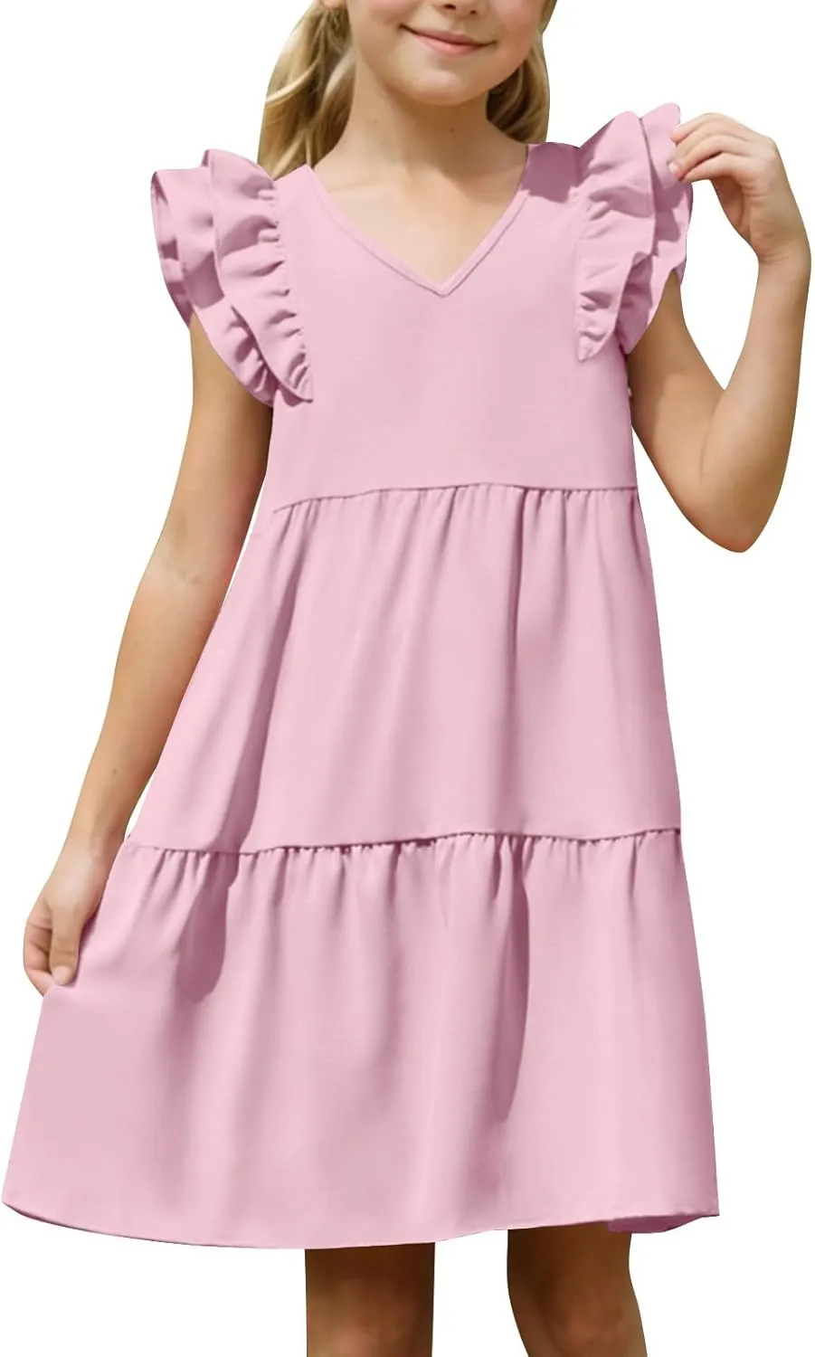 Girls Dresses Kids Trendy 2025 Summer Double Layer Ruffle Sleeve Dress Casual Solid Beach Sundress 5-14 Years
