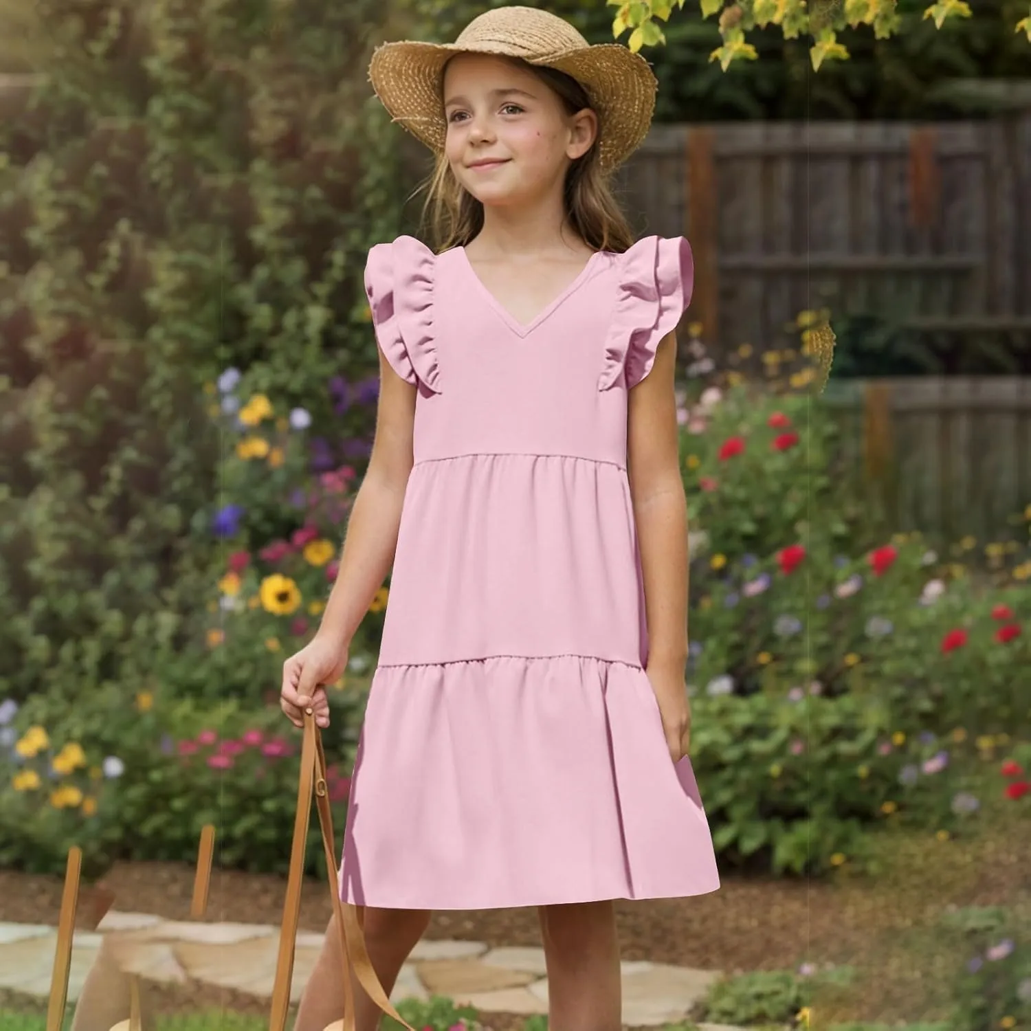 Girls Dresses Kids Trendy 2025 Summer Double Layer Ruffle Sleeve Dress Casual Solid Beach Sundress 5-14 Years
