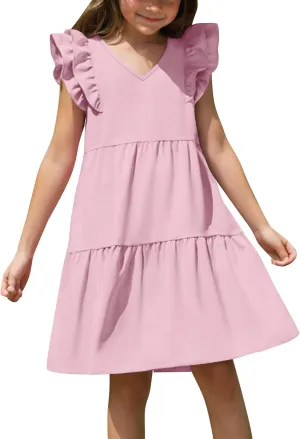 Girls Dresses Kids Trendy 2025 Summer Double Layer Ruffle Sleeve Dress Casual Solid Beach Sundress 5-14 Years