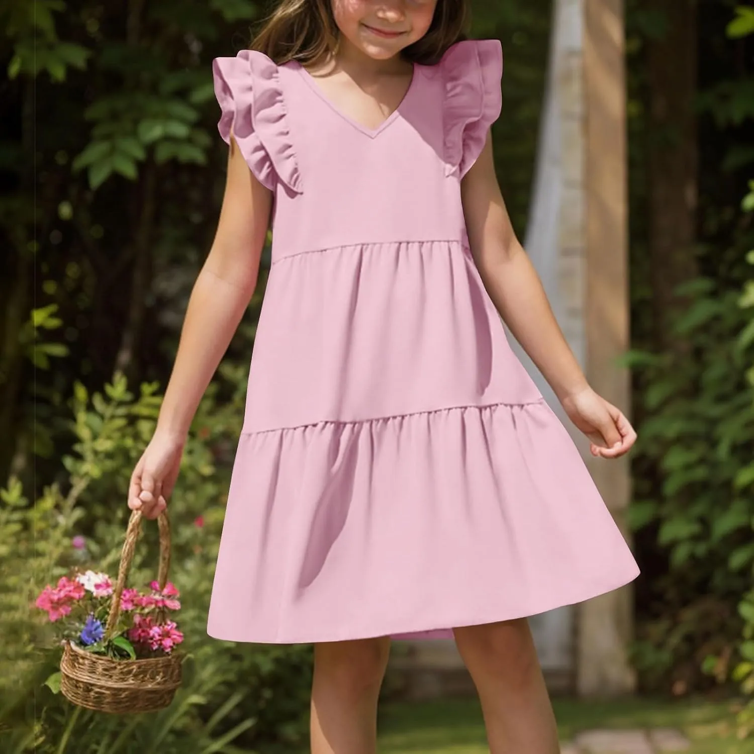 Girls Dresses Kids Trendy 2025 Summer Double Layer Ruffle Sleeve Dress Casual Solid Beach Sundress 5-14 Years