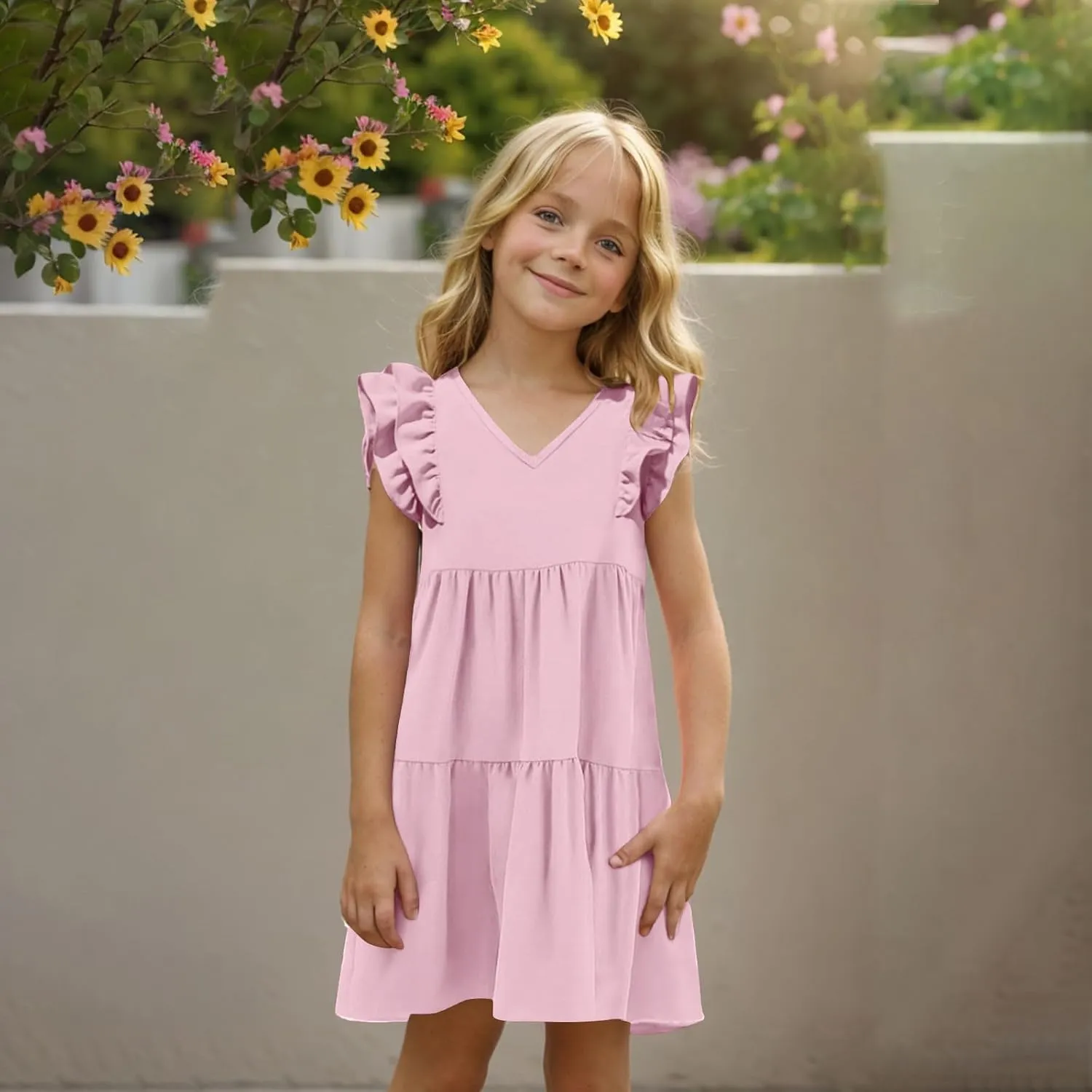 Girls Dresses Kids Trendy 2025 Summer Double Layer Ruffle Sleeve Dress Casual Solid Beach Sundress 5-14 Years