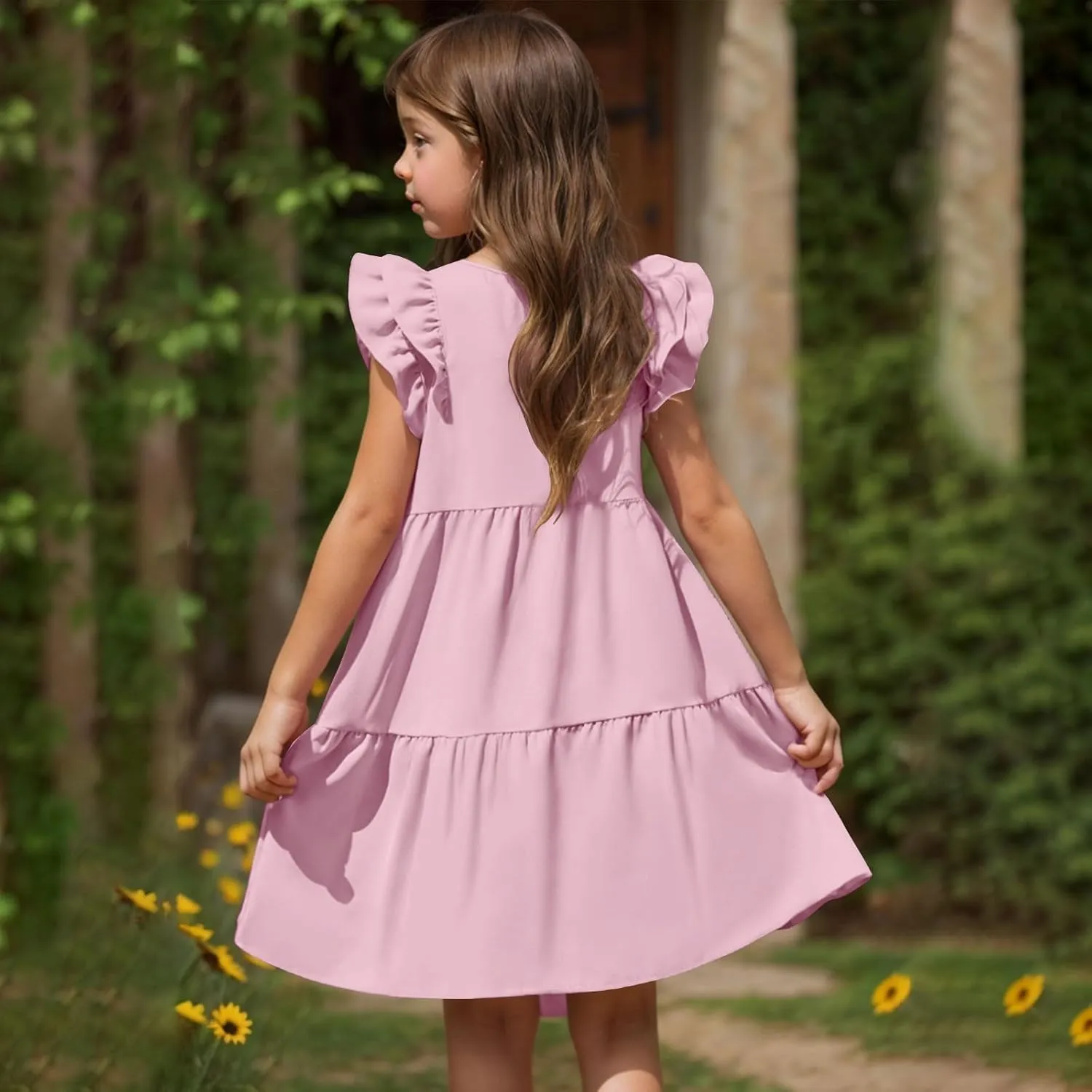 Girls Dresses Kids Trendy 2025 Summer Double Layer Ruffle Sleeve Dress Casual Solid Beach Sundress 5-14 Years