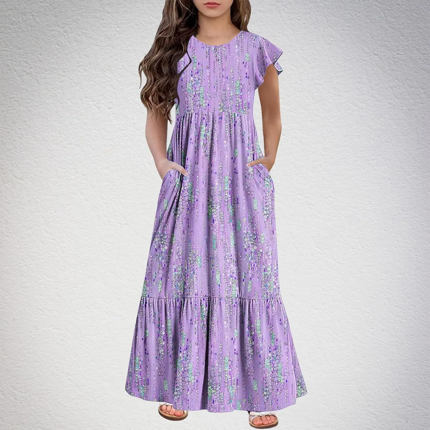Girls Summer 2025 Ruffle Short Sleeve Casual Floral Printed Dress Flowy Tiered Beach Maxi Sundress with Pockets