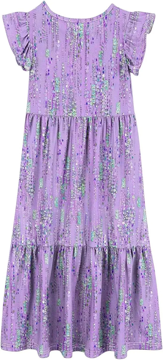 Girls Summer 2025 Ruffle Short Sleeve Casual Floral Printed Dress Flowy Tiered Beach Maxi Sundress with Pockets