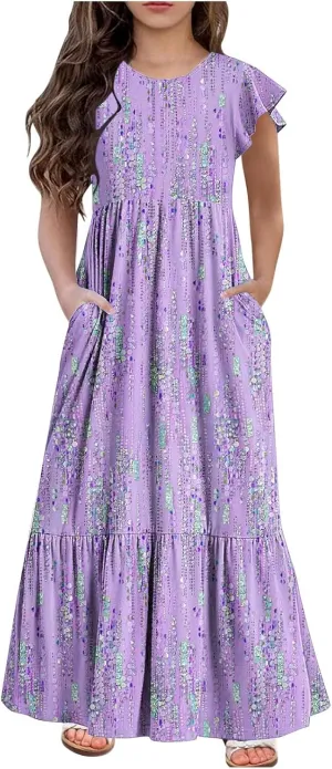 Girls Summer 2025 Ruffle Short Sleeve Casual Floral Printed Dress Flowy Tiered Beach Maxi Sundress with Pockets