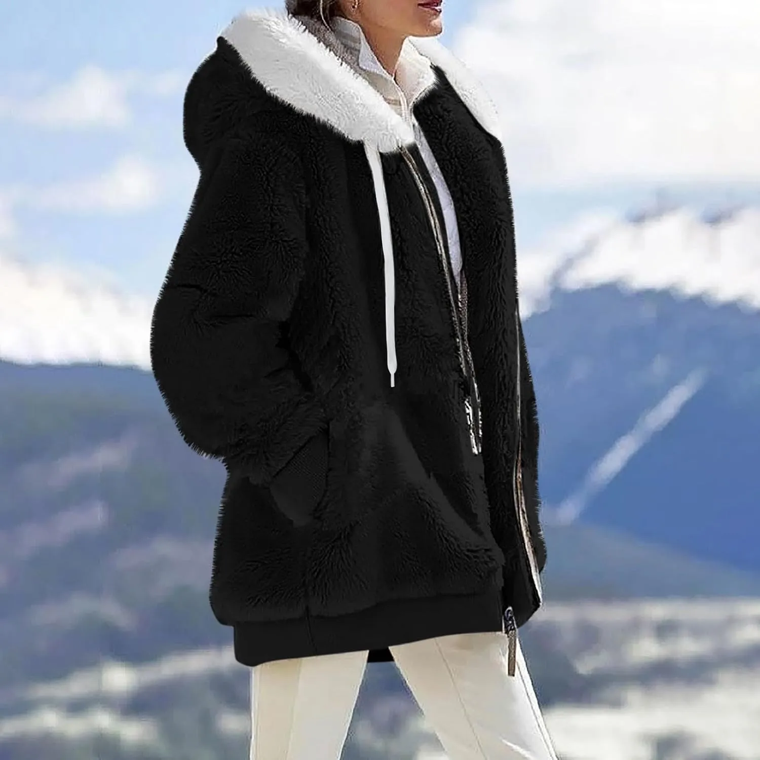 Gumipy Womens Fleece Zip Up Jacket Fuzzy Drawstring Sherpa Jacket Coat with Hood Plus Size Long Sleeve Hoodies with Pockets