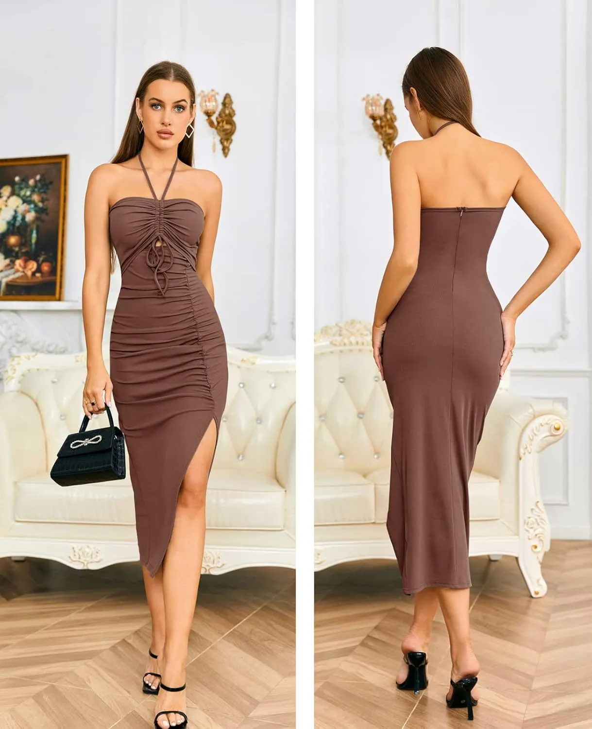 Heysolo Women Summer Cut Out Dresses Backless Halter Neck Side Slit Backless Sleeveless Ruched Party Club Dress