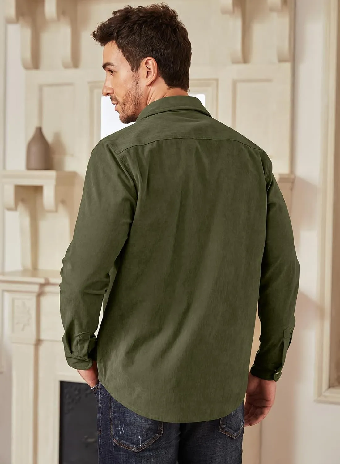 JMIERR Men's Corduroy Shirts Casual Western Long Sleeve Button Down Shacket Jackets with 2 Flap Pocket