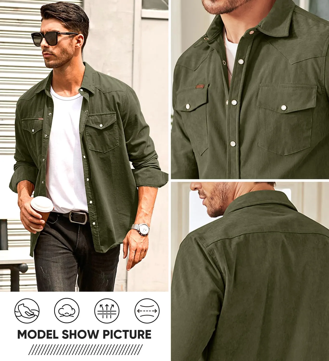 JMIERR Men's Corduroy Shirts Casual Western Long Sleeve Button Down Shacket Jackets with 2 Flap Pocket