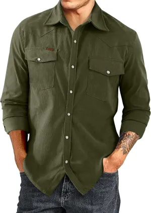 JMIERR Men's Corduroy Shirts Casual Western Long Sleeve Button Down Shacket Jackets with 2 Flap Pocket