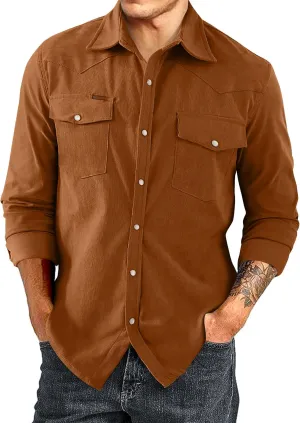 JMIERR Men's Corduroy Shirts Casual Western Long Sleeve Button Down Shacket Jackets with 2 Flap Pocket
