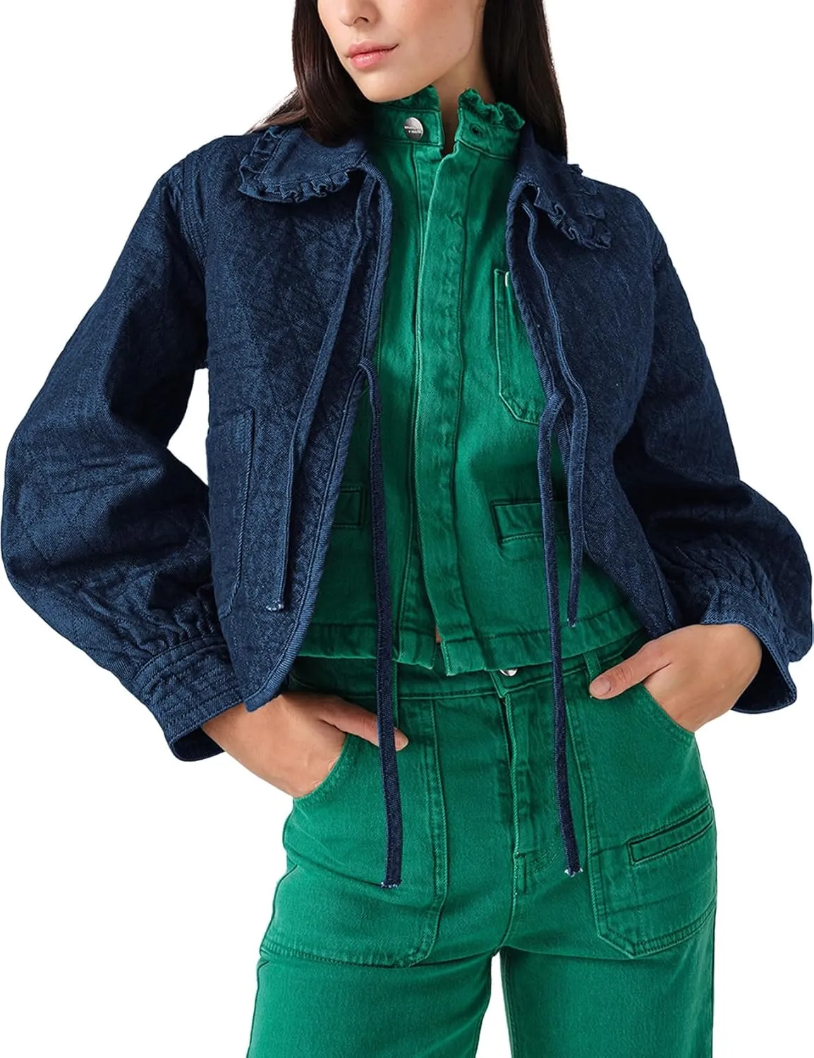 Kedera Womens Denim Jacket Casual Long Sleeve Peter Pan Collar Denim Shirts Tie Front Shacket Loose Fit Top