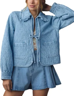 Kedera Womens Denim Jacket Casual Long Sleeve Peter Pan Collar Denim Shirts Tie Front Shacket Loose Fit Top