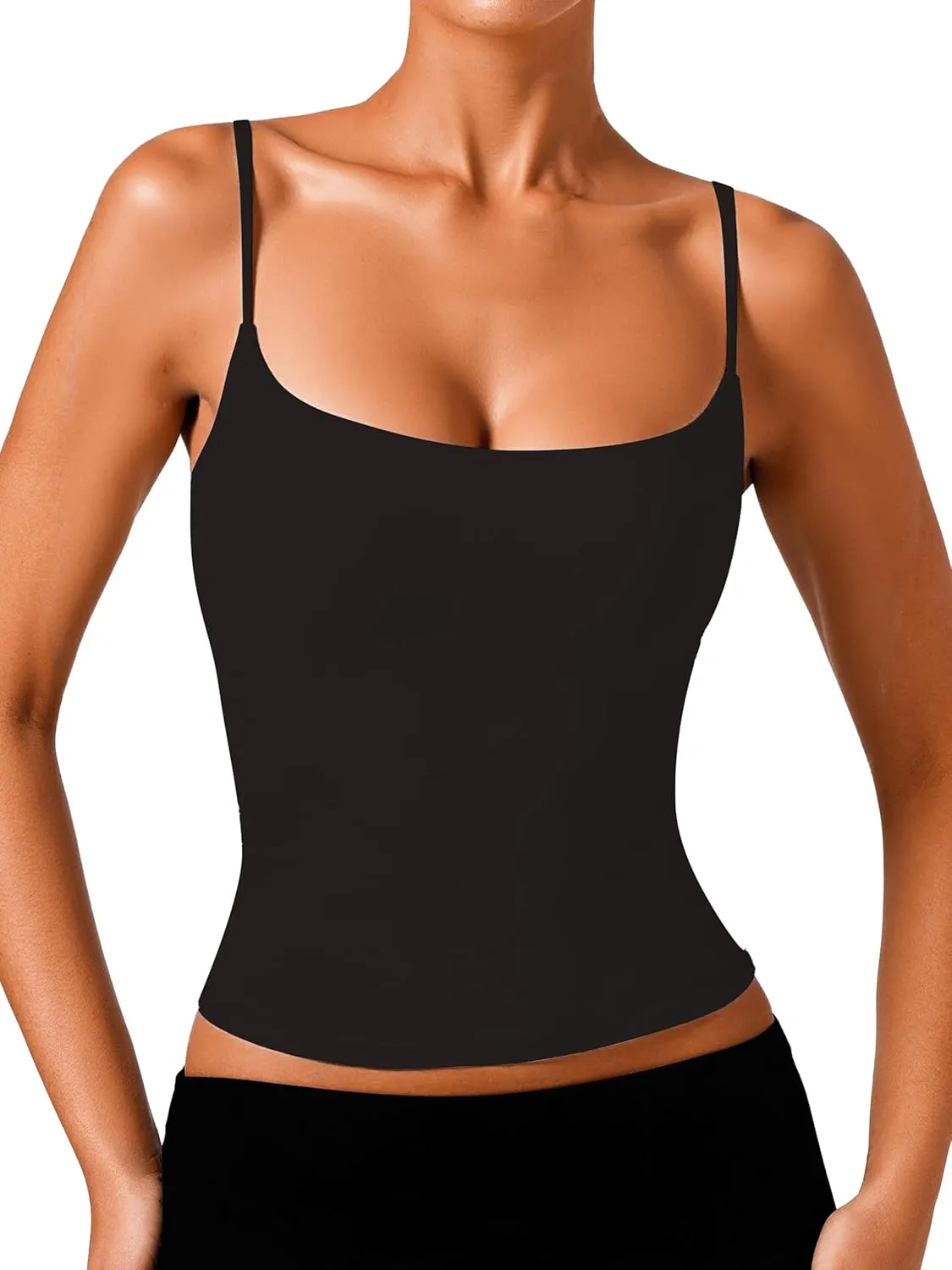 Low Square Neck Camisole Adjustable Spaghetti Strap Tank Top for Women Sleeveless Slim Fit Undershirt Basic Cami