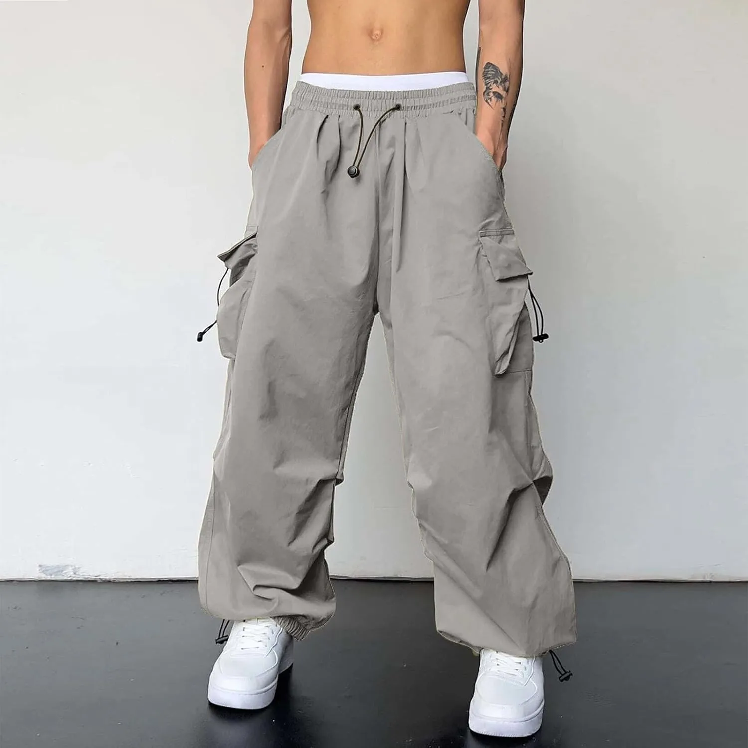 Men's Baggy Cargo Pants Casual Cotton Stretch Elastic Waist Pant Hiking Pant Multi Pockets